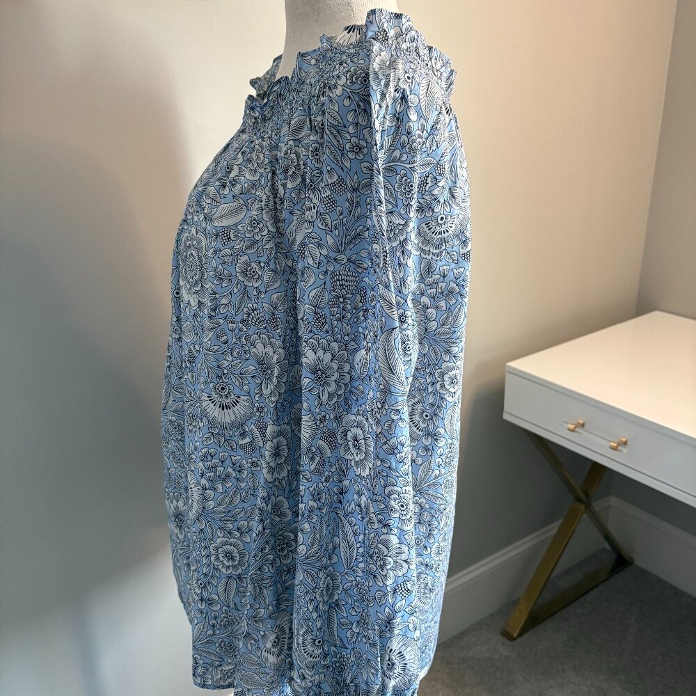 Talbots Plus Blue Floral Smocked Neck Blouse 3X Cotton - Picture 4 of 8